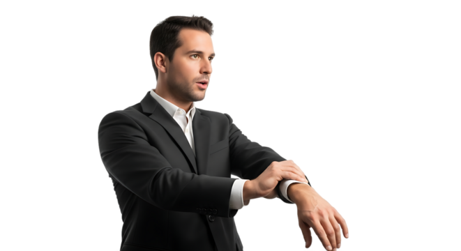 Business professional man wearing a black suit adjusting his sleeve looking concerned at his wristwatch while isolated on a black background in a PNG format