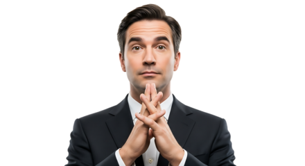 Focused Businessman Holding Fingers Together in a Thoughtful Gesture with a Serious Expression in a Professional Studio Setting Against a Black Background PNG
