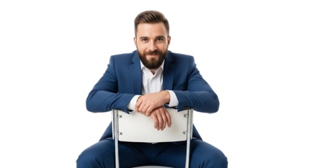 A Confident Businessman in a Smart Blue Suit Sitting on a White Chair with His Hands Clasped on the Backrest