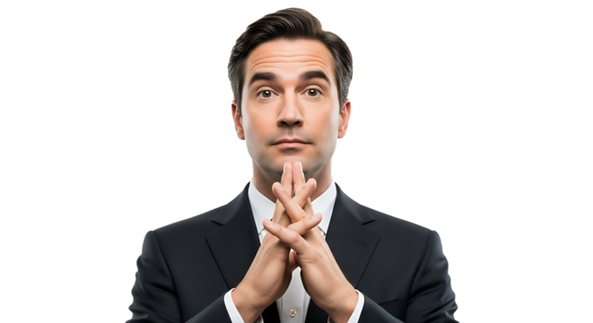 Focused Businessman Holding Fingers Together in a Thoughtful Gesture with a Serious Expression in a Professional Studio Setting Against a Black Background PNG