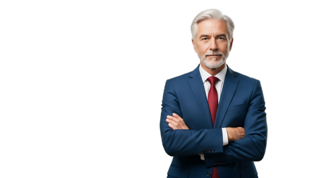 Professional Mature Business Man Confident Pose Arms Crossed Wearing Smart Blue Suit And Red Tie PNG Isolated On Transparent Background For Commercial Use