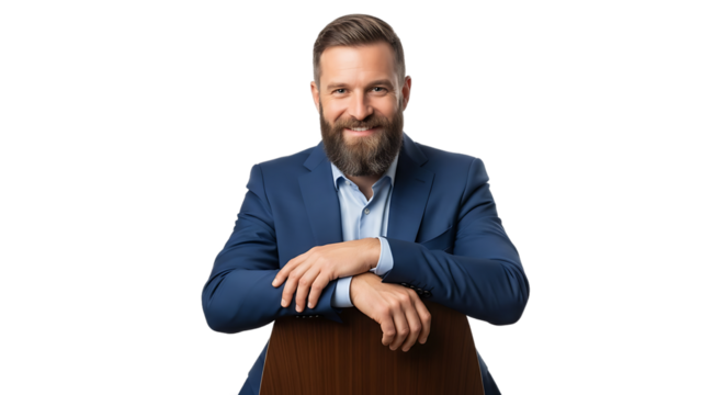 A Confident Bearded Business Professional in a Blue Suit Smiling and Leaning on the Back of a Chair with an Isolated Black Background and PNG Format Ideal for Professional Usage