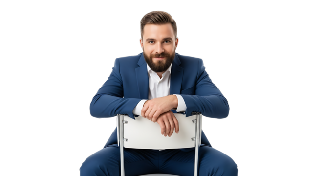 A Confident Businessman in a Smart Blue Suit Sitting on a White Chair with His Hands Clasped on the Backrest