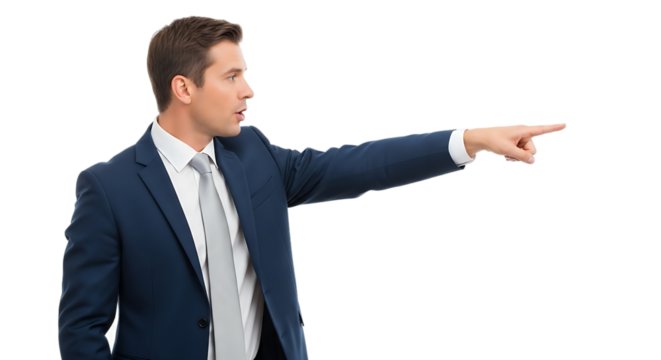 Professional Businessman in a Dark Blue Suit and Light Grey Tie Points to the Right Demonstrating Confidence and Authority in a Business Context Isolated on a Transparent Background