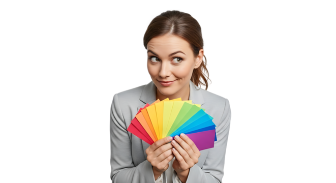 Businesswoman choosing from a fan of colorful swatches showcasing a spectrum of vibrant hues for creative design decisions and artistic expression in a professional setting
