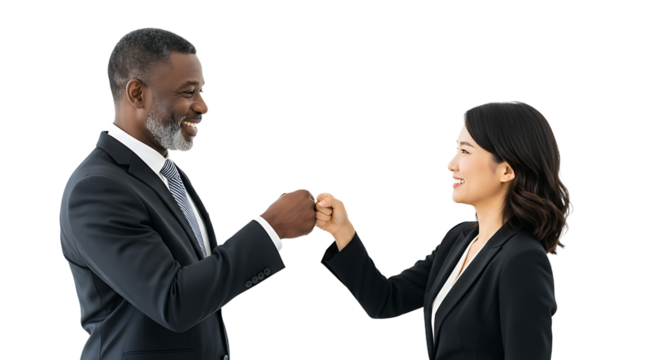 Two Colleagues Celebrating Success Fist Bumping with Joy and Professionalism in a Business Setting PNG Isolated Background