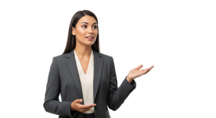 Professional Young Businesswoman in a Dark Gray Suit Presenting Ideas with Open Hands on an Isolated Transparent Background PNG