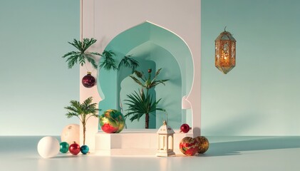 Oriental-Inspired Minimalist Christmas Scene with Turquoise Architecture