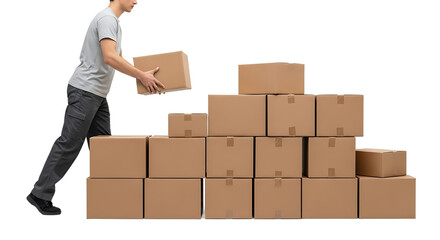 Business man stacking cardboard boxes for shipping and delivery services with isolated background