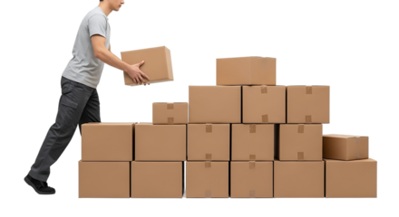 Business man stacking cardboard boxes for shipping and delivery services with isolated background