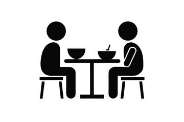 Two simple figures are sitting at a table eating with a spoon