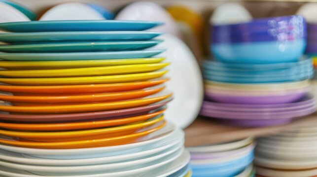 A stack of colorful plates in various shades, arranged neatly. The background features soft, blurred shapes of additional dishes.