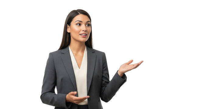 Professional Young Businesswoman in a Dark Gray Suit Presenting Ideas with Open Hands on an Isolated Transparent Background PNG - Powered by Adobe