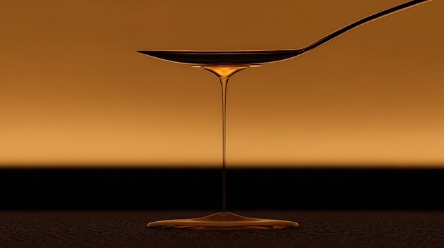 A single golden drop of liquid syrup falls from a sleek spoon into a pool, against a minimalist amber backdrop.