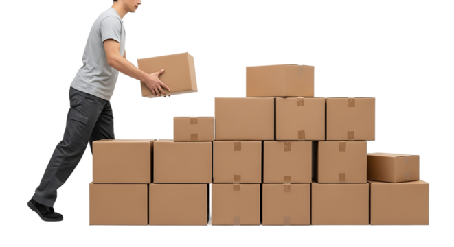 Business man stacking cardboard boxes for shipping and delivery services with isolated background