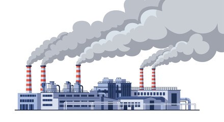 Obraz premium Industrial plant with tall, striped chimneys releasing thick gray smoke into the air, representing manufacturing, energy production, and air pollution.