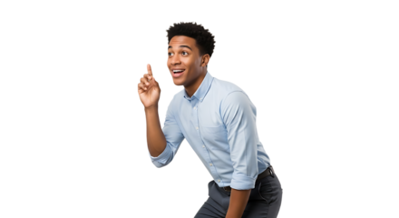A Young African American Businessman Enthusiastically Gesturing with His Finger Raised to Convey an Idea or Revelation Business PNG Isolated Background
