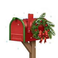 Christmas mailbox decoration with wreath and bow on a white background, copy space
