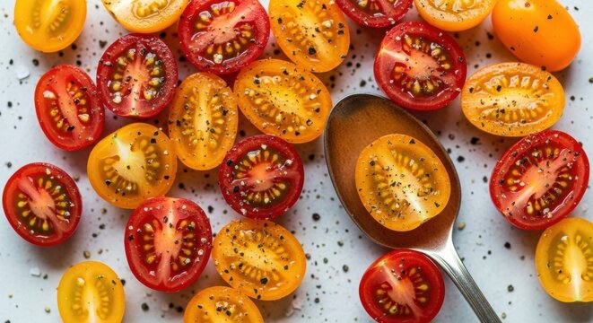 Fresh cherry tomatoes sliced in half. Red and yellow heirloom varieties seasoned with salt and pepper. Healthy eating and organic food concept. Vibrant ingredients for a summer salad recipe - Powered by Adobe