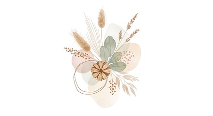 Dried botanical arrangement with abstract watercolor shapes and thin gold line dried flowers