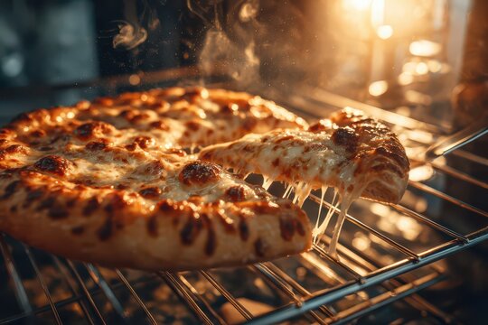 A slice of hot, cheesy pizza with gooey melting cheese being pulled from a warm oven.