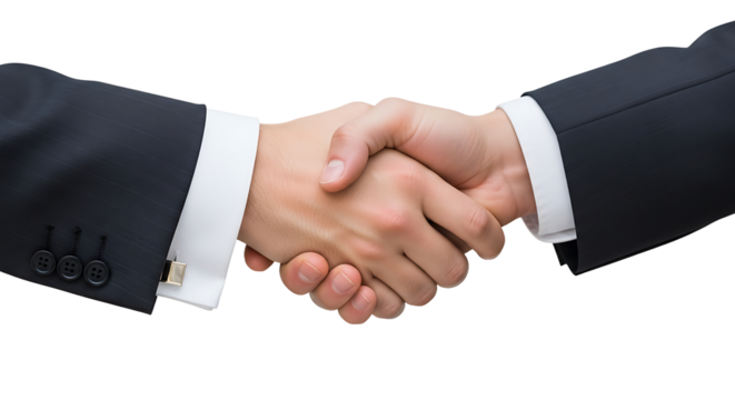 Two businessmen in dark suits shaking hands symbolizing a successful partnership and agreement on an isolated black background
