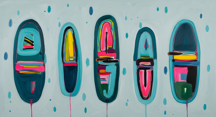 Five abstract oval shapes with colorful interior details on light blue background image