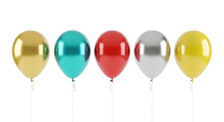 Five shiny balloons gold teal red silver yellow on white background party celebration