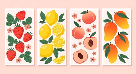 Four vertical panels with strawberries lemons peaches and mangoes