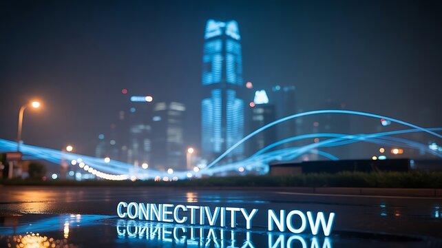Connectivity now is reflected on a wet city street at night