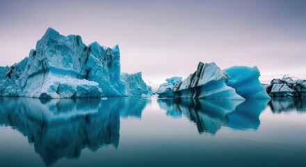 Blue icebergs floating in a calm glacial lagoon. Arctic nature with mirror water reflection. Environmental concept of climate change and melting glaciers. Polar travel destination