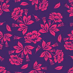 Vintage floral wallpaper with repeating patterns of large flowers and leaves. Earthy tones of brown and green dominate the floral design. Classic vintage style. Vintage art