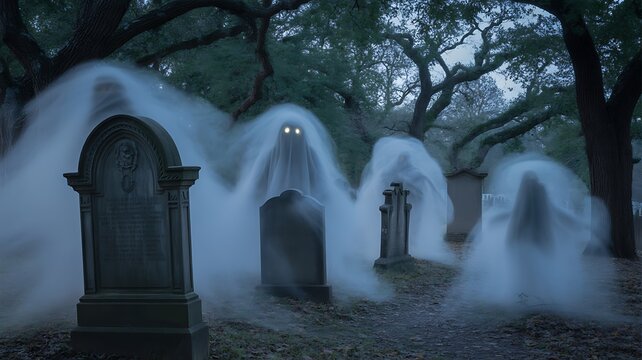 Ethereal ghosts emerge from tombstones in a spooky, moonlit graveyard at night