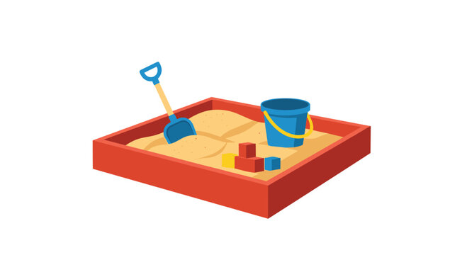 Red sandbox filled with sand, containing a blue shovel, a blue bucket, and colorful toy blocks, representing childhood playtime and outdoor fun.
