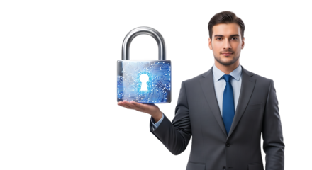 A confident businessman in a suit holds a digital padlock on an isolated black background symbolizing business security and data protection