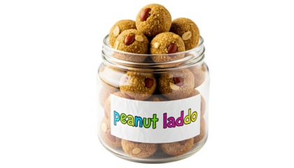 Peanut laddus in a glass jar isolated on transparent background, a sweet treat