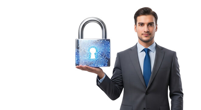 A confident businessman in a suit holds a digital padlock on an isolated black background symbolizing business security and data protection