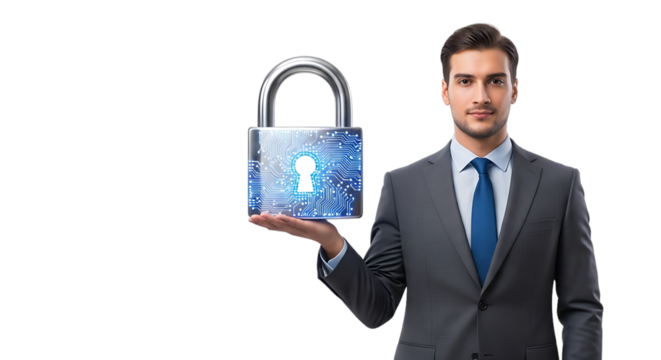A confident businessman in a suit holds a digital padlock on an isolated black background symbolizing business security and data protection