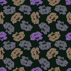 Vintage floral wallpaper with repeating patterns of large flowers and leaves. Earthy tones of brown and green dominate the floral design. Classic vintage style. Vintage art