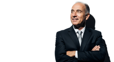 Successful Mature Businessman Confident and Smiling with Arms Crossed Pondering Future Opportunities in Professional Business Career