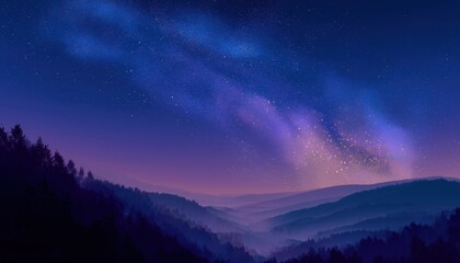 Naklejka premium Starry Night Sky With Milky Way Galaxy In Gradient Blue And Purple Tones, Featuring A Scenic Landscape With Sparkling Stars.