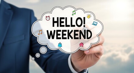 Man in suit writing Hello Weekend in a thought bubble with icons hand