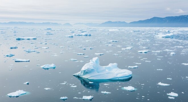 Arctic ocean landscape with floating icebergs. Melting glaciers and climate change concept. Vast polar seascape with ice floes. Environmental conservation and global warming awareness