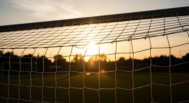 Close up of a soccer goal net at sunset with the sun shining through the netting and trees in the background - Powered by Adobe