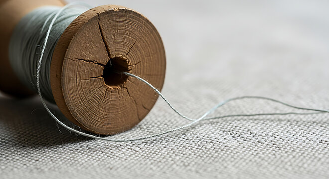 Close-up on a wooden spool of thin metallic thread laid on a textured surface, highlighting the delicate strands and rustic material for crafting and sewing projects