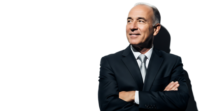 Successful Mature Businessman Confident and Smiling with Arms Crossed Pondering Future Opportunities in Professional Business Career