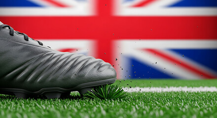 Close up of a black soccer cleat kicking grass with the Union Jack flag blurred in the background representing British football passion and national pride