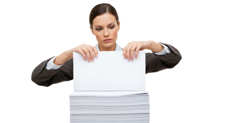 Frustrated Businesswoman Shredding Documents Demonstrating Document Destruction Confidentiality and Data Security Concerns