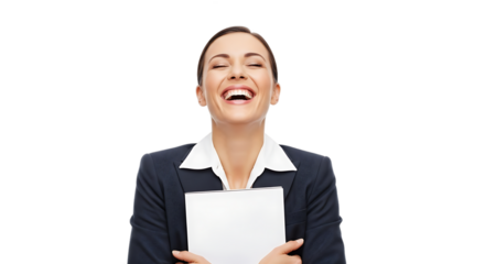 A Joyful Woman in Business Attire Laughing Heartily While Holding Documents Against an Isolated Black Background a Professional Portrait