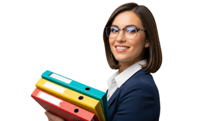 Young Professional Businesswoman in a Blue Suit Wearing Glasses Holding a Stack of Colorful Binders for Efficient Document Organization and Record Keeping